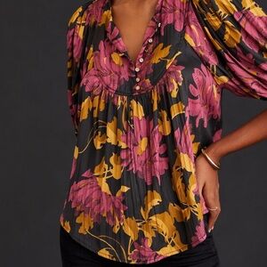 Anthropologie Pink and Yellow Floral Henley Puff Sleeves XXS EUC